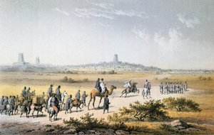 हेनरिक बर्थ का प्रवेश (1821-65) कार्वन ने 1853 में टिम्बकटू में, उत्तर और मध्य अफ्रीका के &39;ट्रैवल्स एंड डिस्कवर्स&39; से, बर्थ द्वारा, एबरहार्ड एमिंगर (1808-85) द्वारा उत्कीर्ण किया, जो 1857 में प्रकाशित हुआ (कोलॉ