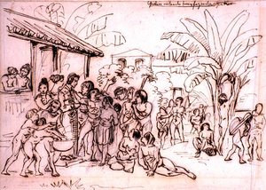 एक एस्टेट में जाने वाले भारतीय, ब्राज़ील, c.1825 (पेन्सिल के ऊपर कलम और भूरी स्याही) द्वारा जोहान मोरित्ज़ रुगेंडास