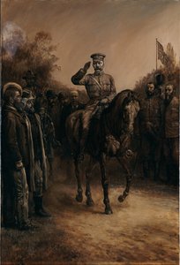 जनरल लॉर्ड किचनर ने सलामी देते हुए बोअर नेताओं की सवारी की, जो 1902 में अपनी टोपी खोले खड़े थे द्वारा जोहान नेपोमुक शोनबर्ग