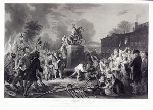 जुलाई 1776 के न्यू यॉर्क के बॉलिंग ग्रीन, सिटी ऑफ फ्रीडम के संस द्वारा जॉर्ज III की प्रतिमा को खींचना। 1875 द्वारा ओर्टेल के बाद जोहान्स एडम साइमन