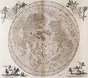 1647 में जोहान हेवेलियस द्वारा तैयार किए गए चंद्रमा का पहला विस्तृत नक्शा, जोहान हेवेलियस (1611-1687) खगोलीय एटलस सेलेनोग्राफिया सिव लूना डिस्क्रिप्टियो, डांस्क से लिया गया प्रिंट