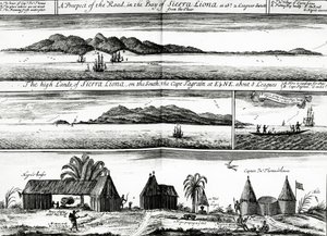 1732 में प्रकाशित अवनेश और जॉन चर्चिल के &39;अ कलेक्शन ऑफ वॉयज एंड ट्रैवल्स&39; के खंड 5 से एक चित्रण सिएरा लियोना की खाड़ी में सड़क की एक संभावना