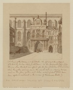 गिल्डहॉल के प्रवेश द्वार का दक्षिण दृश्य, लंदन शहर (लिथो) द्वारा जॉन (बाद) कार्टर