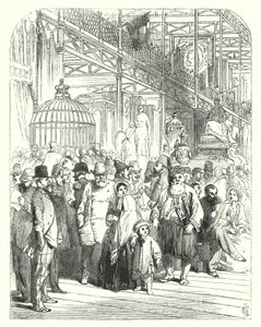 क्रिस्टल पैलेस, हाइड पार्क, लंदन में प्रदर्शक और आगंतुक, 1851 की महान प्रदर्शनी का स्थान (उत्कीर्णन)