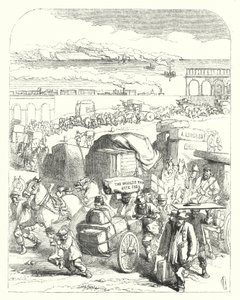 1851 की महान प्रदर्शनी, क्रिस्टल पैलेस, हाइड पार्क, लंदन (उत्कीर्णन) में आगंतुकों को लाने वाले जहाज और ट्रेनें द्वारा जॉन (बाद) गिल्बर्ट