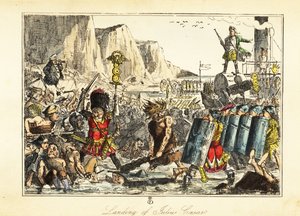 बेयरस्किन में 10 वीं सेना का एक मानक वाहक रोमन पैदल सेना को सैंडविच, 54BC में एक समुद्र तट पर ले जाता है