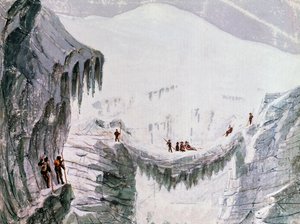मोंट ब्लांक पर चढ़ना, पर्वतारोहियों को क्रेवास, वॉटरकलर, फ्रांस से निलंबित कर दिया गया द्वारा वाल्टर चार्ल्स मिल्स