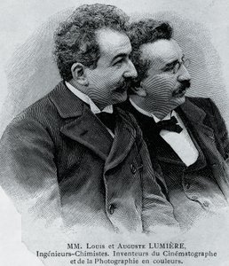 अगस्टे मैरी लुई निकोलस लुमियर (1862-1954) और लुई जीन लुमियर (1864-1948) का पोर्ट्रेट, फ्रांसीसी उद्यमी और फिल्म प्रोजेक्टर के आविष्कारक, फोटोग्राफ से उत्कीर्णन द्वारा वाल्टर चार्ल्स मिल्स