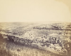 गेथसेमेन का बगीचा और यरूशलेम का दृश्य, 1860 का दशक।