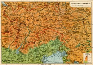 ऑस्ट्रो-इतालवी सीमा का नक्शा, प्रथम विश्व युद्ध, c1920।
