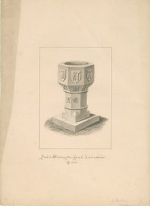 लंकाशायर - वाडिंगटन चर्च - फ़ॉन्ट: सीपिया ड्राइंग, 1808 द्वारा जॉन बकलर