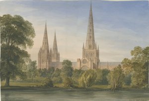 लिचफील्ड कैथेड्रल - साउथ साउथ ईस्ट व्यू: वाटर कलर पेंटिंग, 1842 द्वारा जॉन बकलर