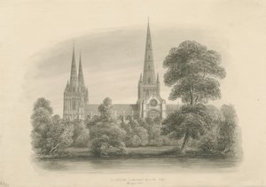 लिचफील्ड कैथेड्रल - साउथ व्यू: सीपिया ड्राइंग, 1841 द्वारा जॉन बकलर