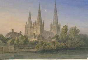 लिचफील्ड कैथेड्रल - साउथ वेस्ट व्यू: वाटर कलर पेंटिंग, 1839 द्वारा जॉन बकलर
