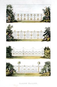 एकरमैन की 'रिपॉजिटरी ऑफ आर्ट्स' से गार्डन रेलिंग, 1823 में प्रकाशित (कलर लिथो)