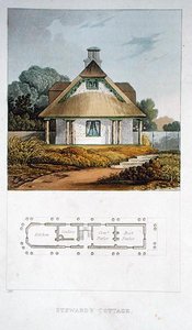 स्टीवर्ड्स कॉटेज, एकरमैन के 'रिपोजिटरी ऑफ आर्ट्स' से, 1818 में प्रकाशित (रंग लिथो)