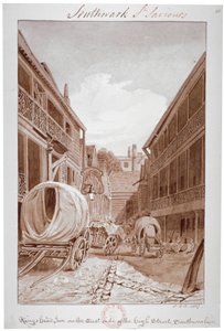 हाई स्ट्रीट, साउथवार्क, लंदन, 1827 के ईस्ट साइड पर किंग्स हेड इन। द्वारा जॉन चेसेल बकलर