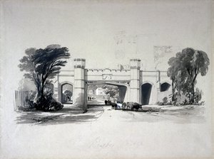 सड़क से देखा गया रग्बी रेलवे पुल, वार्विकशायर, अप्रैल 1839 (कागज पर कलम और स्याही और वॉश) द्वारा जॉन कुक बोर्न