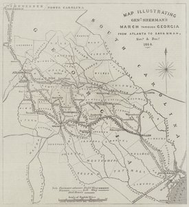 अटलांटा से सवाना, नवंबर और दिसंबर 1864 तक जॉर्जिया के माध्यम से जनरल शेरमन के मार्च को दर्शाता हुआ नक्शा