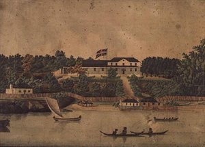फर्स्ट गवर्नमेंट हाउस, सिडनी, c.1807 (वाटरकलर) द्वारा जॉन आइरे