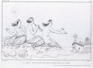 Mermaids Ulysses को आकर्षित करने के लिए अपने गीत की तलाश करते हैं। जॉन फ्लैक्समैन द्वारा चित्र (1755 - 1826)। होमर का ओडिसी। गीत बारहवीं।