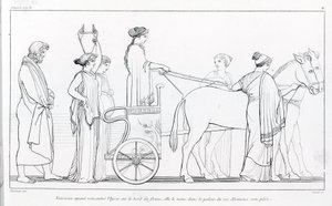 Nausicaa, जो अभी-अभी Ulysses से मिला था, उसे वापस अपने पिता के महल, King Alkinoos में ले जाता है। जॉन फ्लैक्समैन (1755 - 1826) द्वारा ड्राइंग। होमर का ओडिसी। गीत VI.