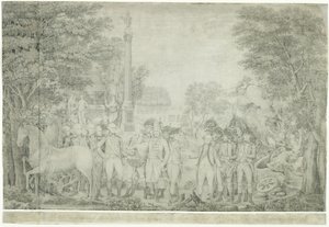 अक्टूबर, 1781, 1810-1815 में वर्जीनिया के यॉर्कटाउन में उनकी हार के बाद जनरल वॉशिंगटन के लिए अपने हथियार आत्मसमर्पण करते हुए ब्रिटिश द्वारा जॉन फ्रांसिस रेनॉल्ट