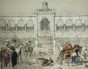 सेविले बुलफाइट: चार्ल्स जोसेफ हुलमंडेल (1789-1850) द्वारा उकेरी गई 'स्केच ऑफ स्पेन' से रिंग से मृत बैल को हटाना, 1836 में प्रकाशित (कलर लिथो) द्वारा जॉन फ्रेडरिक (बाद) लुईस