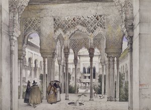 द कोर्ट ऑफ़ द लायंस (Patio de los Leones), विलियम स्केट द्वारा उत्कीर्ण &39;स्केचेस एंड ड्रिंग्स ऑफ़ द अल्हाम्ब्रा&39; (fl.1825-54), 1834 द्वारा जॉन फ्रेडरिक लुईस