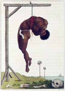एक काले व्यक्ति को फांसी, पब में पसलियों द्वारा जिंदा लटका दिया गया। 1796. द्वारा जॉन गेब्रियल स्टीडमैन
