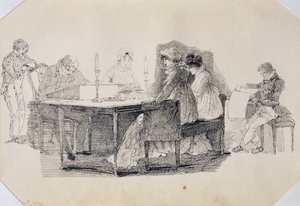 घर पर एक शाम, 1804 (कागज पर कलम और स्याही) द्वारा जॉन हार्डन