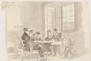 Storrs, Elterwater, 1814 (कागज पर धोने के साथ कलम और स्याही) पढ़ने वाले लड़के द्वारा जॉन हार्डन