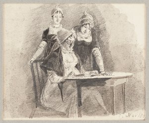 एक मेज पर तीन, एक बैठे, 1807 (कागज पर पेंसिल और वॉश) द्वारा जॉन हार्डन