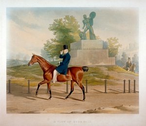 1844 में हाइड पार्क, लंदन में एच्लीस की प्रतिमा के सामने सवारी करते हुए ड्यूक ऑफ वेलिंगटन। द्वारा जॉन हैरिस