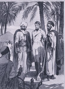 1853 में डेविड लिविंगस्टोन, मूल निवासियों की एक छोटी पार्टी के साथ दलदलों और जंगलों के माध्यम से 1000 मील की यात्रा पर निकले, न्यूनेस द्वारा प्रकाशित न्यूनेस पिक्टोरियल नॉलेज, c.1950 (लिथो) द्वारा जॉन हैरिस वाल्डा