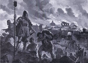हचिंसन द्वारा प्रकाशित हचिंसन हिस्ट्री ऑफ द नेशंस (वॉल्यूम 4) से इवान द ब्लैक ने झाब्लियाक 1484 में आग लगा दी, c. 1920 (लिथो) द्वारा जॉन हैरिस वाल्डा