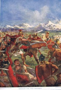 मार्डलस का विर्डुमारस के साथ द्वंद्वयुद्ध, &39;हचिंसन हिस्ट्री ऑफ द नेशंस&39;, 1900 के प्रारंभ में चित्रण द्वारा जॉन हैरिस वाल्डा