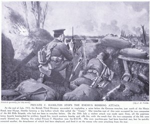 निजी एफ हैमिल्टन ने जुलाई 1915 को हुग में दुश्मन के बम हमले को रोककर डीसीएम को सम्मानित किया द्वारा जॉन हैरिस वाल्डा
