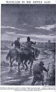 मध्य युग में यात्री। जब अंधेरा हुआ तो यात्रियों ने एक मठ की रोशनी की तलाश की, c.1950 द्वारा जॉन हैरिस वाल्डा