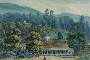 व्हाइट सल्फर स्प्रिंग्स, 1832 में भोजन कक्ष और स्टेज कार्यालय। द्वारा जॉन हेज़लहर्स्ट बोनेवल लैट्रोब