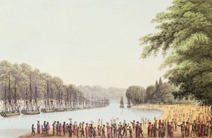 मैथ्यू डबबर्ग (fl.1813-20) 1814 द्वारा उत्कीर्ण, सर्पेंटाइन नदी पर बेड़ा