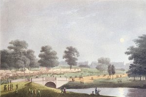 हाइड पार्क में मेले का दृश्य, मैथ्यू डबबर्ग द्वारा उत्कीर्ण, 1 अगस्त 1814 (रंगीन उत्कीर्णन)