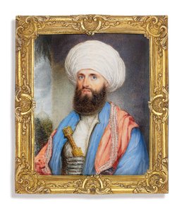 जेम्स सिल्क बकिंघम (1786-1855), एक हल्के नीले रंग के कोट के साथ सफेद शर्ट में, उसके कंधों के चारों ओर गुलाबी कशीदाकारी शाल और एक कम्बल के साथ एक सफेद पगड़ी, अपने कम्बुंड में सुरक्षित, एक मस्जिद के साथ लैंडस्केप बैकग्राउंड द्वारा जॉन जुकेस
