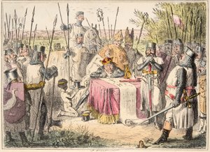 इंग्लैंड के कॉमिक हिस्ट्री से किंग जॉन साइनिंग मैग्ना कार्टा, पब। 1864 (हाथ के रंग का नक़्क़ाशी)