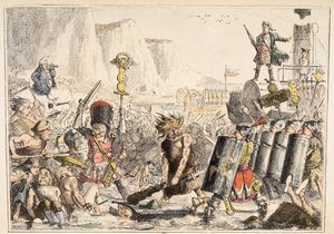 इंग्लैंड के कॉमिक इतिहास से जूलियस सीज़र की लैंडिंग, पब। 1864 (हाथ के रंग का नक़्क़ाशी) द्वारा जॉन लीचो