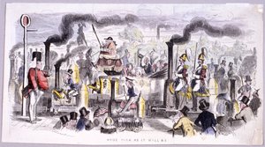 हाइड पार्क का दृश्य जो स्टीम लोकोमोटिव, लंदन के आगमन पर व्यंग्य करता है, c1850 द्वारा जॉन लीचो