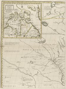 अमेरिका में ब्रिटिश और फ्रांसीसी प्रभुत्व का एक नक्शा, 1756 (कागज पर रूपरेखा रंग के साथ उत्कीर्णन) द्वारा जॉन मिशेल