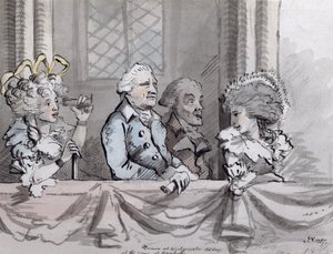 वेस्टमिंस्टर एब्बे, 1787 (स्याही और पानी के रंग) में हैंडेल के स्मारक पर दर्शकों की कैरिकेचर
