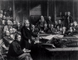 1860 में हाउस ऑफ कॉमन्स: फ्रांस के साथ संधि पर बहस के दौरान लॉर्ड पामरस्टन ने सभा को संबोधित किया, फॉकनर, 1863 द्वारा उत्कीर्ण किया गया (देखें 42219 और 107821 द्वारा जॉन फिलिप