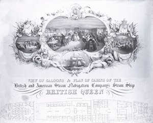 सैलून का दृश्य और स्टीम शिप द ब्रिटिश क्वीन के केबिन की योजना, c.1839 (लिथो) द्वारा जॉन आर इसाक